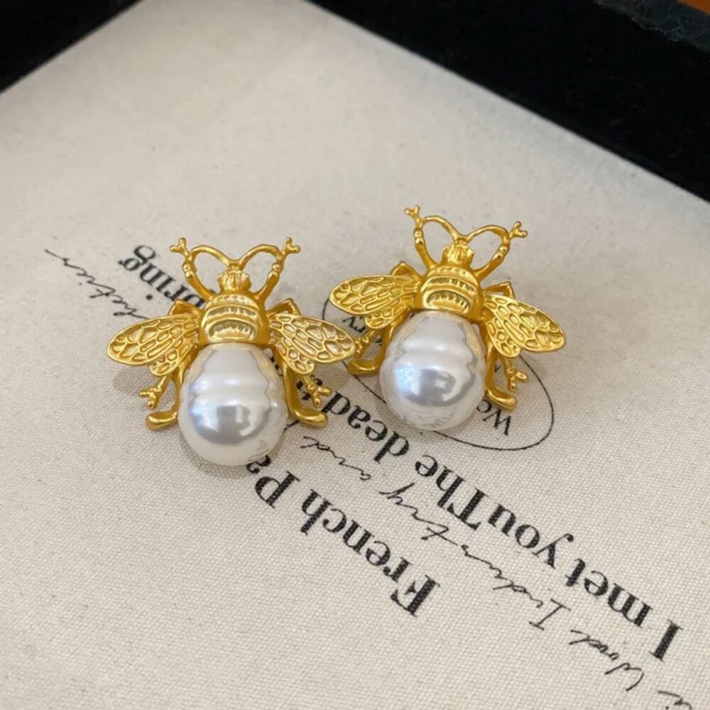 NEW Matte Gold and Baroque Pearl Ornate Statement Earrings - Picture 2 of 4